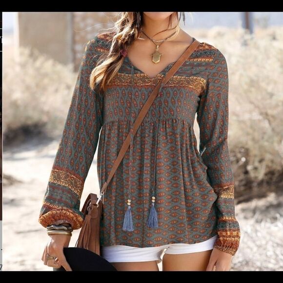Venus Bohemian Blue and Rust Gypsy Top - Small - Picture 2 of 10